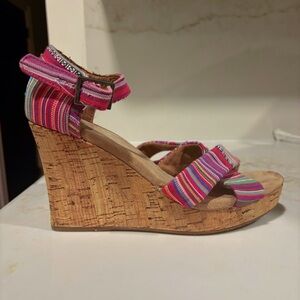 Toms Pink Multi Striped Cork Wedge Sandals